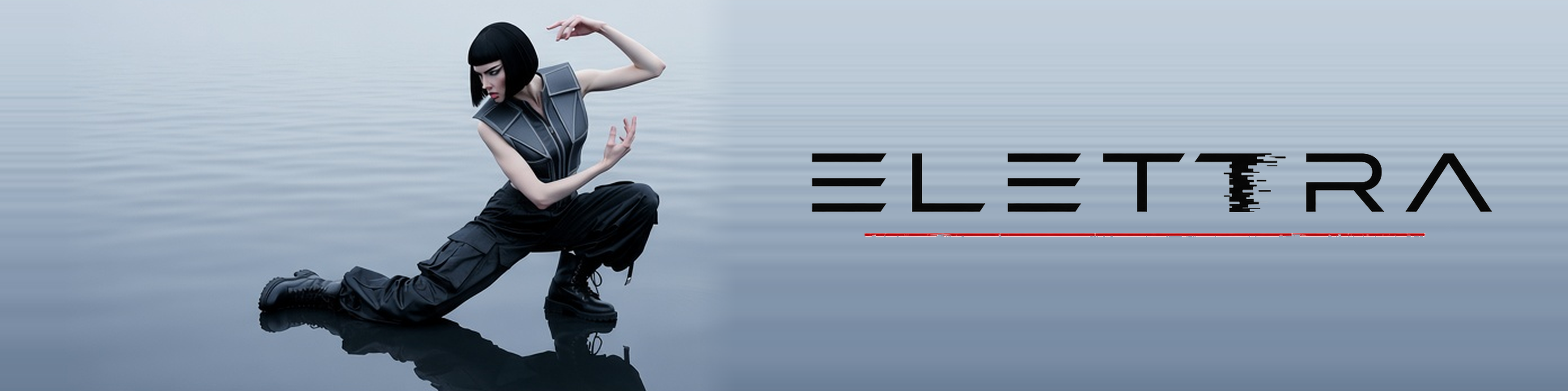Elettra banner — a model in black futuristic ElettraCouture clothing beside the Elettra wordmark with its red glitch line