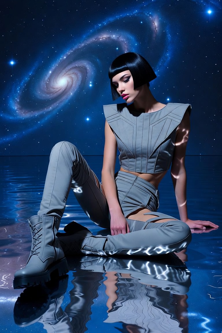 AI artwork of Elettra by Silvia — Elettra in a grey outfit seated on water beneath a galaxy