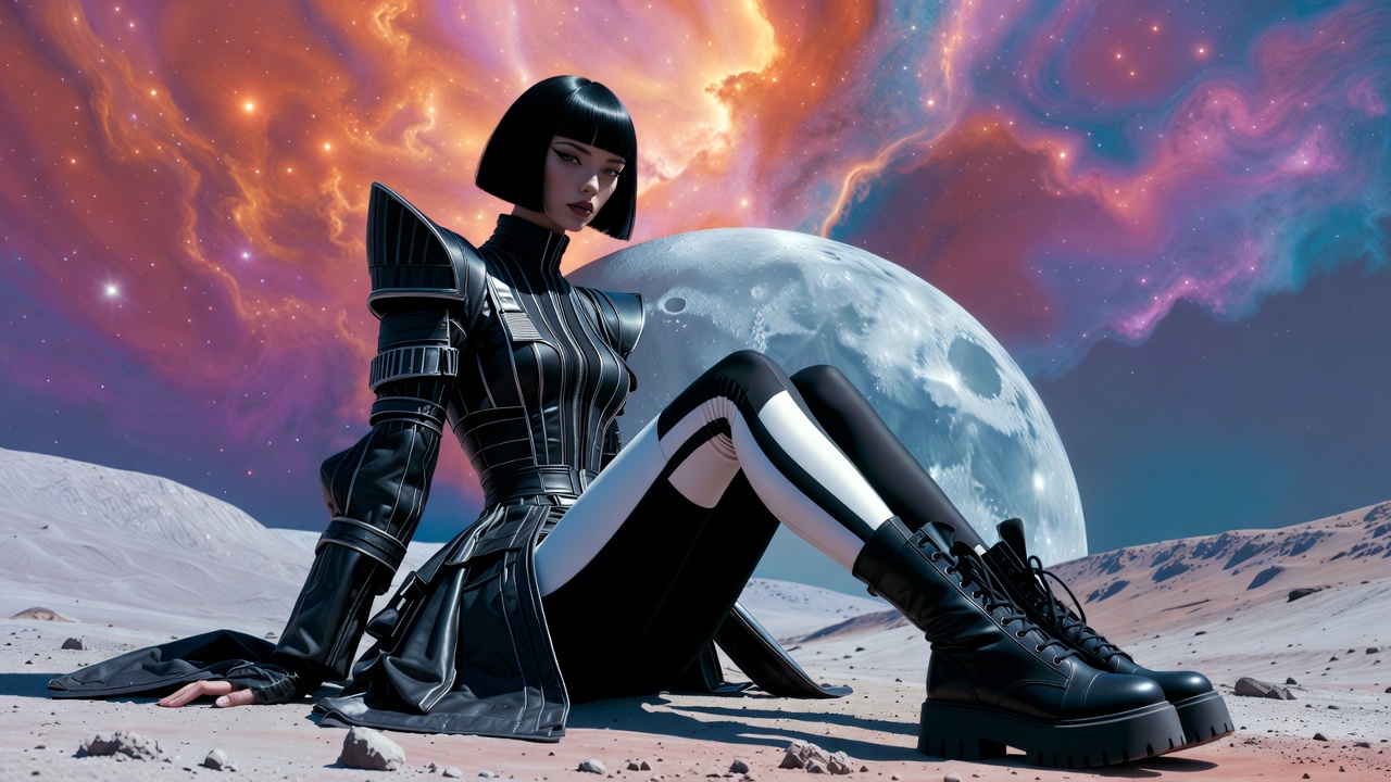 AI artwork of Elettra by Silvia — Elettra on the moon beneath a nebula